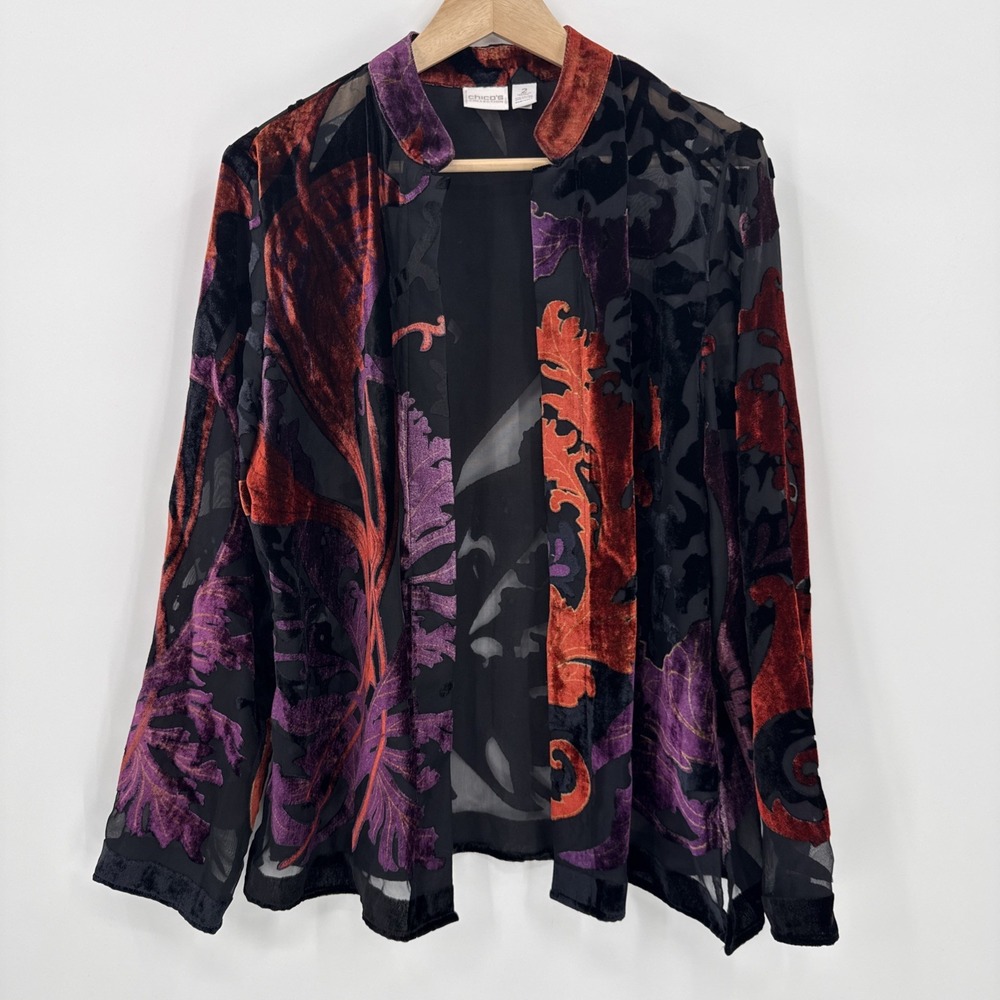 Chico's Womens Floral Velvet Burnout Open Cardigan Size 2 Large Boho Artsy Black